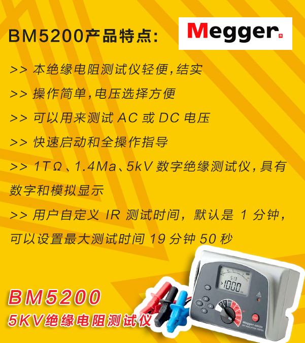 MEGGER,<a href='http://www.globaltoycompany.com/tongyi.html'>絕緣電阻</a>測試儀,BM5200